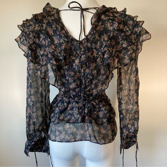 Topshop Tiered Ruffle Floral Button Front Blouse Size 2 - Picture 8 of 9